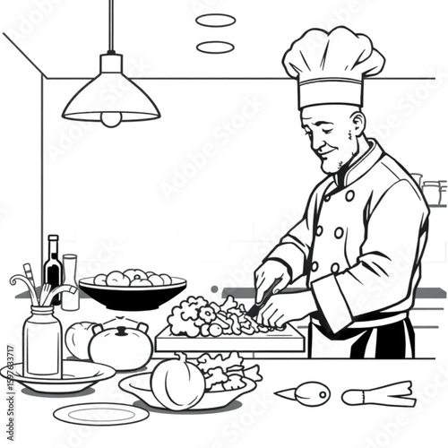 A chef slicing fresh vegetables in an open kitchen during dinner service
