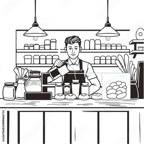 A barista steaming milk behind a rustic cafe counter filled with pastries