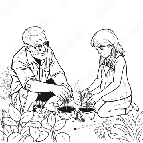A grandfather teaching his granddaughter to plant seeds in the community garden
