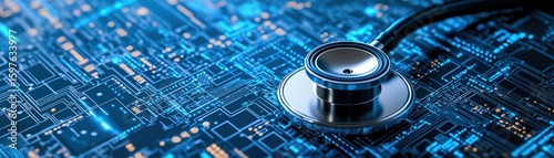 A stethoscope on a digital circuit board background, representing the integration of healthcare and advanced digital technology