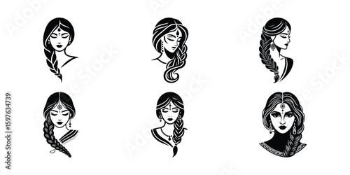 Indian Women with Braided Hairstyles Vector Set: Elegant Black and White Portrait Illustrations for Beauty and Fashion Designs