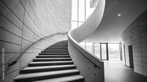 A modern, architectural photograph showcases a grand, spiraling staircase in a minimalist design. The monochrome palette enhances the sleek aesthetic.