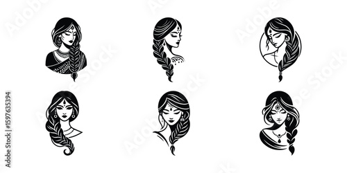 Indian Woman Portraits: Black and White Line Art Illustrations of Beautiful Women with Braids and Traditional Jewelry
