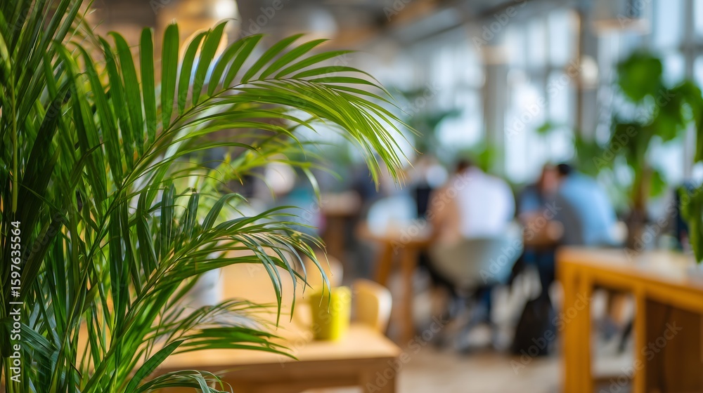 Fototapeta premium Indoor plant office setting, Blurred people working background, Green office environment, Biophilic design workspace