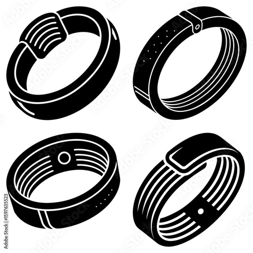 Collection of four black and white fitness trackers or smart bands in various styles and designs