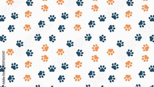Seamless blue and orange paw print pattern on light background. Ideal for pet-themed designs
