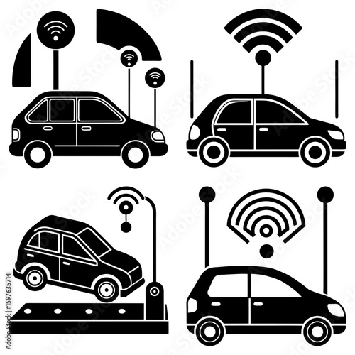 Illustration of four autonomous vehicles with wifi signals above them in a black and white design style