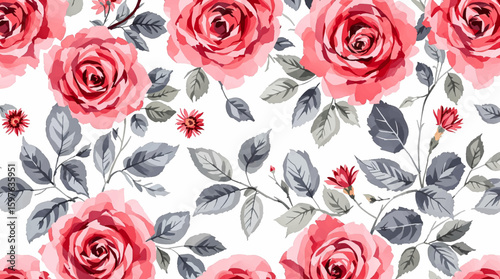 Watercolor background pattern Red rose flowers on white background
