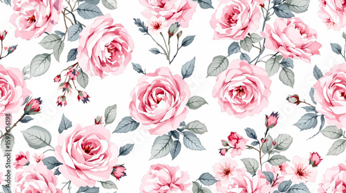 Watercolor pink roses seamless pattern