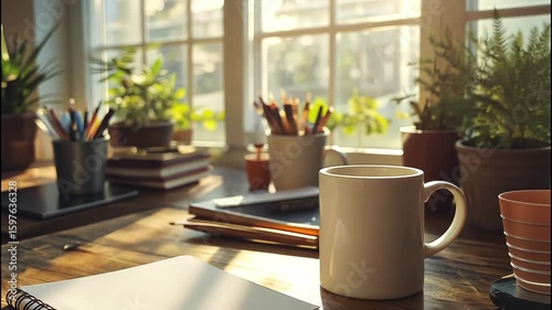 Cozy morning workspace with coffee mug, notebook, and sunlight streaming through window with plants. 