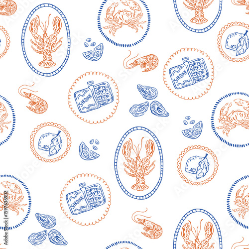 Hand drawn Mediterranean seamless pattern. Lobster, crab, sardines, shrimp, oysters. Summer Italy vacation mood. Vector Portuguese wallpaper, coastal print, wrap paper, retro fabric, textile design.