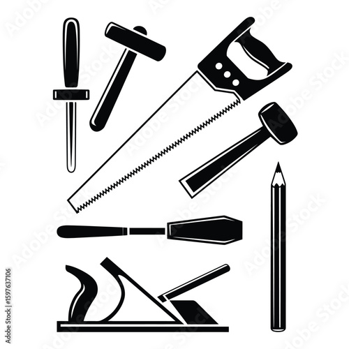 Black and white vector bundle of carpentry tools including saw, clamps, wood plane, mallet, and pencil for woodworking design
