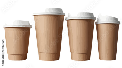 Wallpaper Mural Four disposable coffee cups with white lids lined up in a row, showcasing different sizes and styles for takeaway beverages. Torontodigital.ca