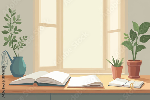 An open book and papers sit on a desk with potted plants, bathed in light from a window.