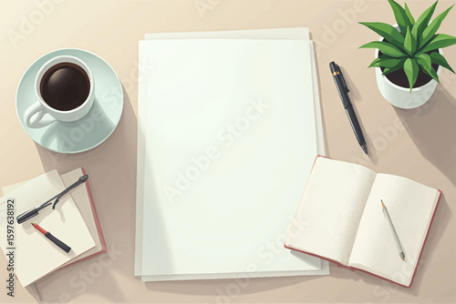 A top-down view of a workspace with blank papers, coffee, notebooks, and pens.