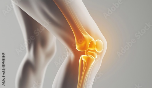 Close-up anatomical illustration of a human knee joint with yellow glowing pain highlights on white background for medical education and biomechanical study