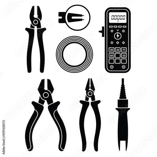 Black and white vector bundle of electrical tools including wire cutter, voltage tester, pliers, tape, and crimper