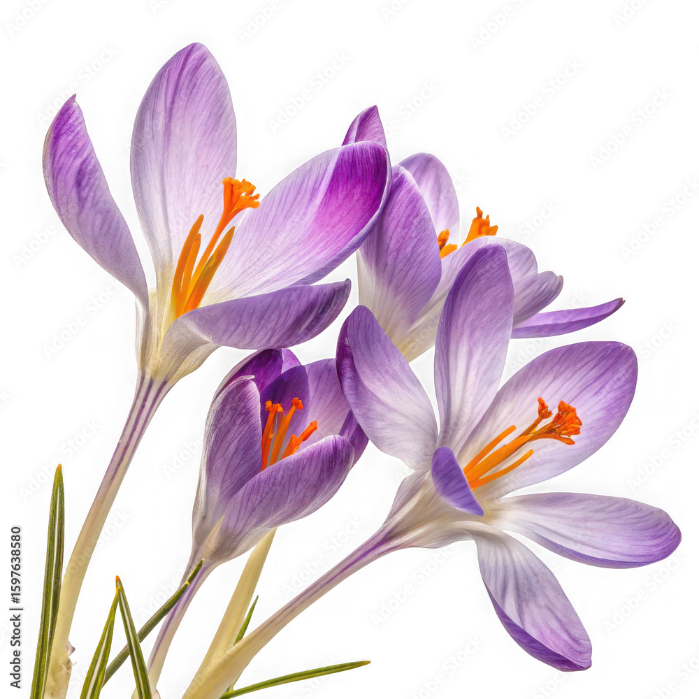 Naklejka premium Delicate purple crocus flowers with vibrant orange stamens isolated on transparent background