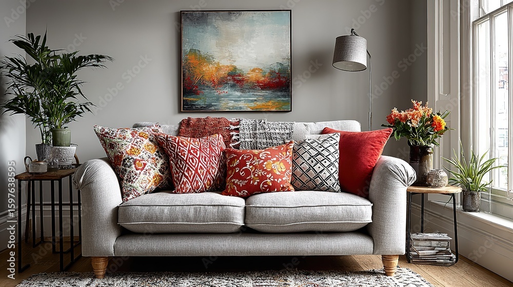 Fototapeta premium Light Gray Sofa Decorated with Colorful Throw Pillows