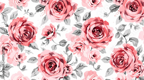 Watercolor background pattern Red rose flowers on white background
