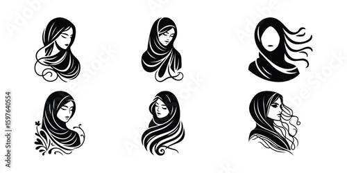 Hijab Fashion Icons Vector Set: Elegant Muslim Women Portraits in Black and White Line Art for Islamic Design & Cultural Graphics