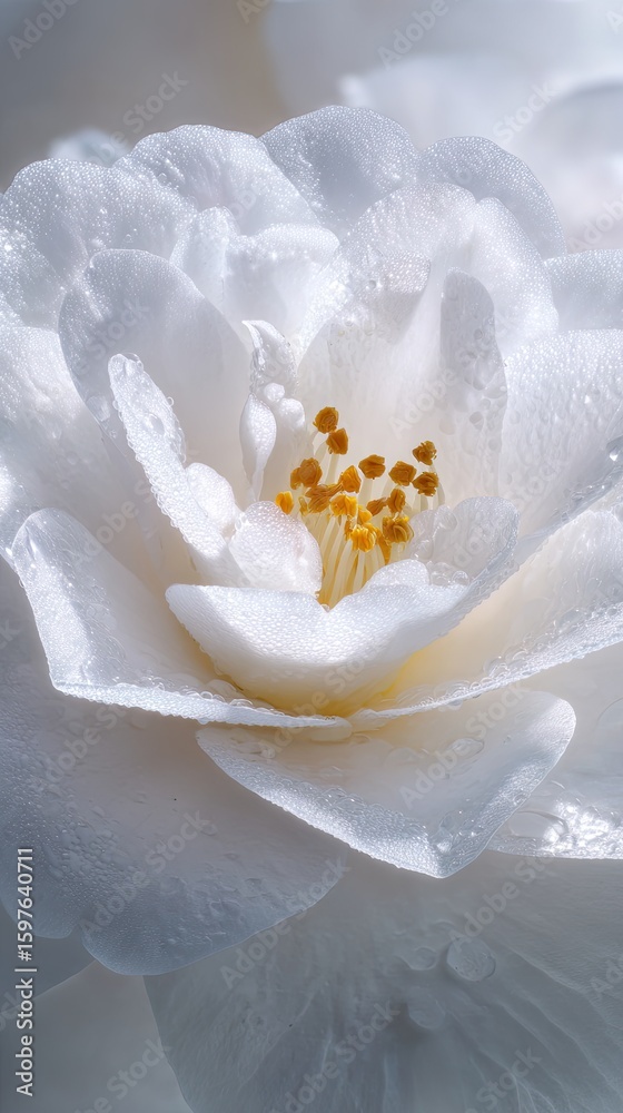 Fototapeta premium Closeup White Camellia Flower With Dew Drops