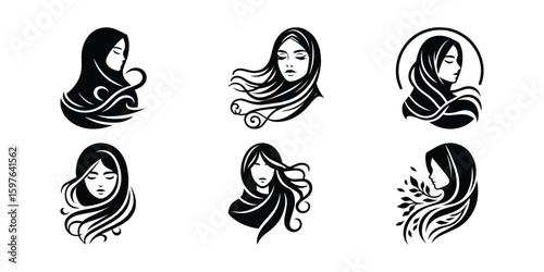 Elegant Hijab Logo Designs: Vector Illustrations of Muslim Women with Flowing Hair in Minimalist Black and White Style