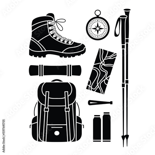 Hiking essentials set featuring boots, compass, trekking pole, backpack, and trail map black and white vector illustration