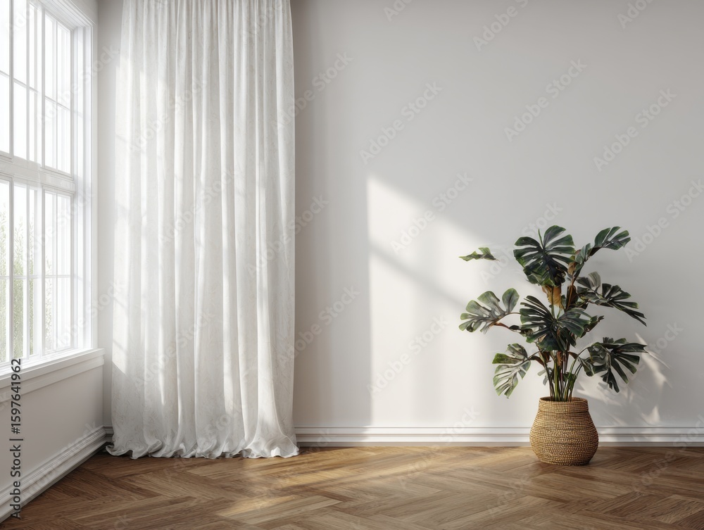 Fototapeta premium A white curtain hangs in front of a window. A plant is in a basket on the floor