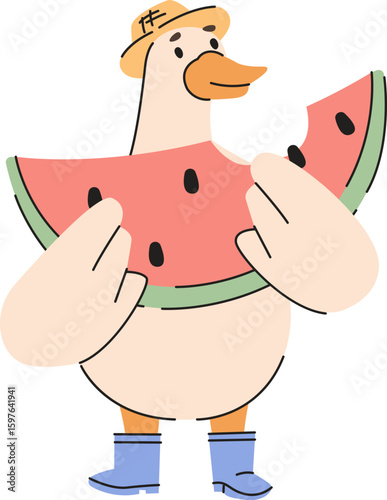 Duck Eating Watermelon Slice
