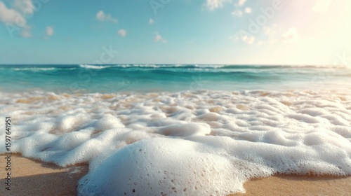 The foamy ocean waves crash onto the sandy shore on a beautiful sunny day, creating a serene beach scene.