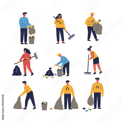 Diverse People Cleaning Up Litter, Carrying Trash Bags, Using Rakes, and Sorting Recyclables