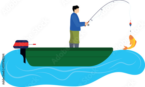 Illustration of a fisherman fishing with a fishing rod on a motorboat