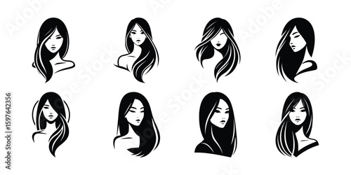 Black and White Vector Illustrations of Women with Long Hair, Beauty Salon Logo Designs, Fashion and Hairstyle Graphics