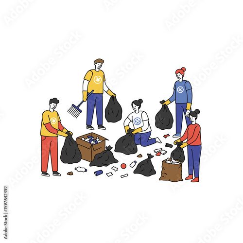 Five Volunteers Collecting Litter, Wearing Colorful T-shirts, Using Black Garbage Bags and a Rake