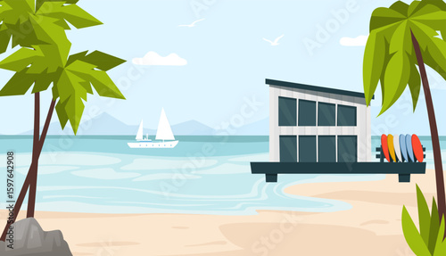 Tropical beach scene with palm trees, modern surf shack, stacked surfboards and sailboat in sea. Relaxing summer travel. Great for tourism and surf school themes. Flat vector illustration