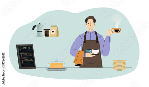 Barista serving hot coffee in cups. Preparing to serve customers in cafeteria. Coffee shop interior with menu and coffee equipment on background. Flat vector illustration