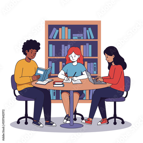 Three Diverse Students Collaboratively Studying, Reading, and Working on Laptops at a Table