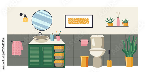 Bathroom interior with sink cabinet, mirror, toilet, towels, plants and hygiene products. Restroom design, clean and organized space. Flat cartoon vector illustration