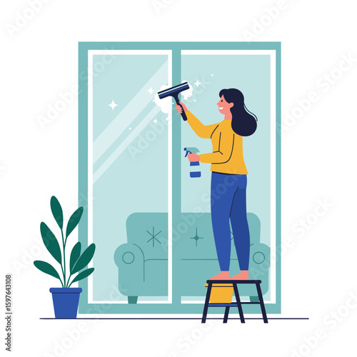 Woman Cleaning Glass Door with Squeegee and Spray Bottle