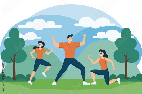 People Exercise Outdoor In The Park, Healthy Lifestyle, Flat Design Cartoon
