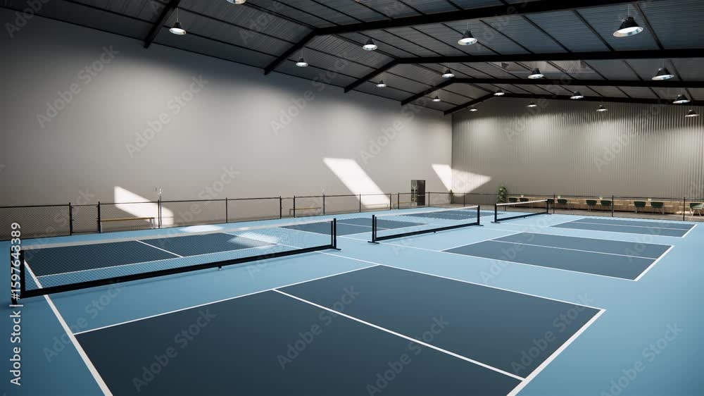 drone view unused blue pickleball courts inside a warehouse building, located in the sports complex facility area. With lights turned on even though it is daytime