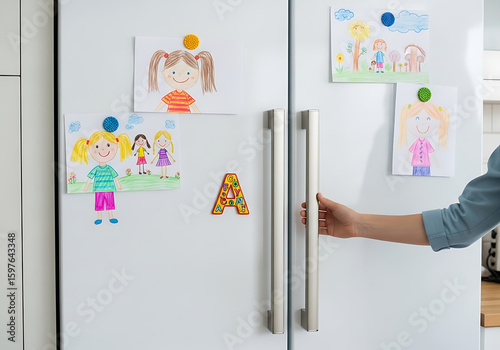 Children's Drawings on a Family Refrigerator in a Bright Kitchen, child’s drawing stuck to fridge