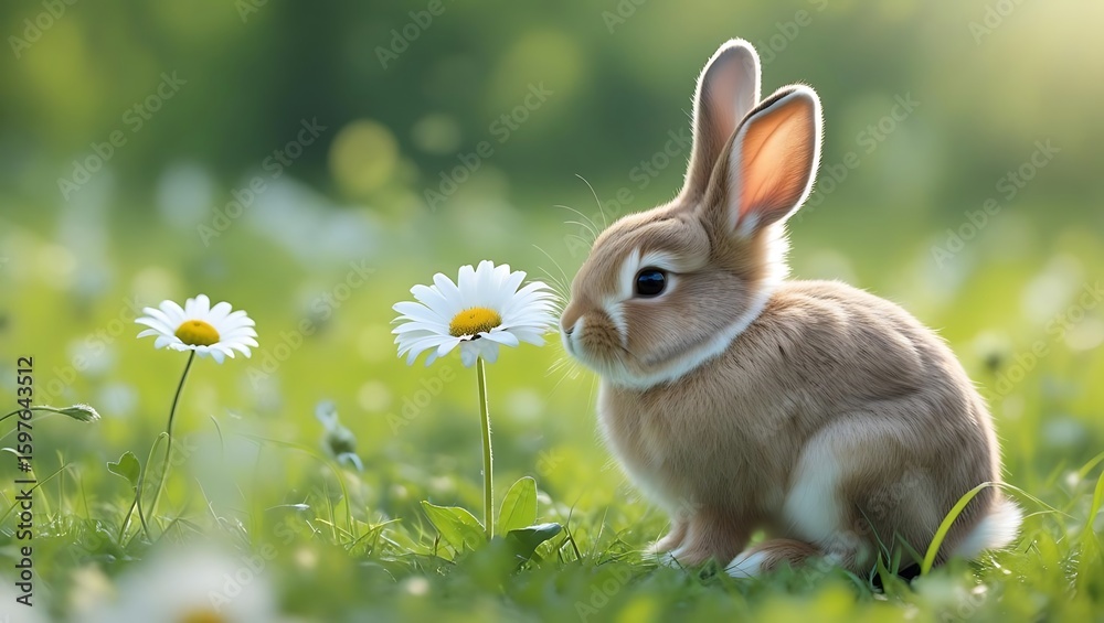 Obraz premium Adorable Fluffy Baby Bunny Rabbit in a Field of Daisies, Springtime Nature Scene