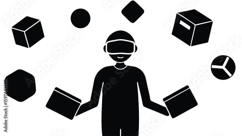 Student using VR goggles interacting with virtual reality in a vector design