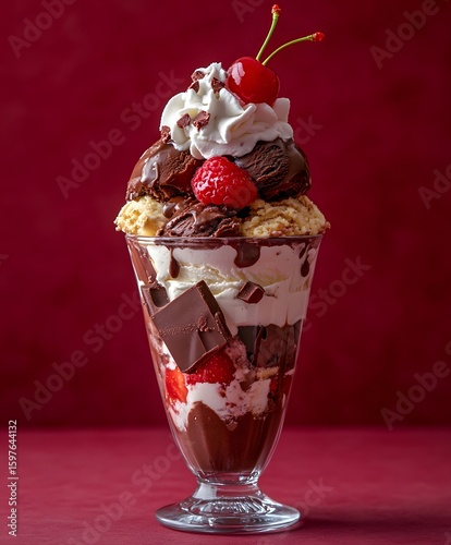 Chocolate ice cream sundae in a glass dish.