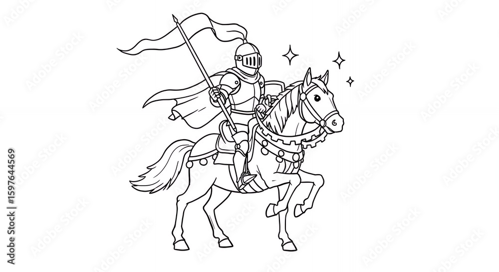Fototapeta premium Monochrome Knight Astride Horse Holding Flag in a Vintage Art Style Black and White Lineart
