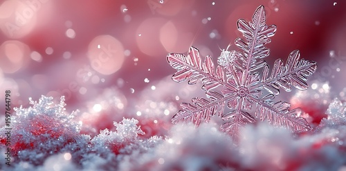Exquisite macro photograph of a delicate snowflake nestled in sparkling winter snow