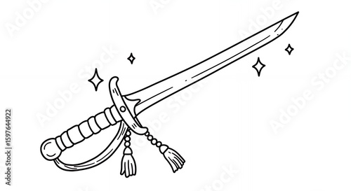 Monochrome Line Art of Antique Sword with Decorated Hilt and Shining Star Accents on White Background Design