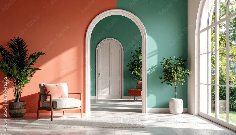 Fototapeta premium Serene Coral and Teal Interior: Sunlit Room with Modern Chair